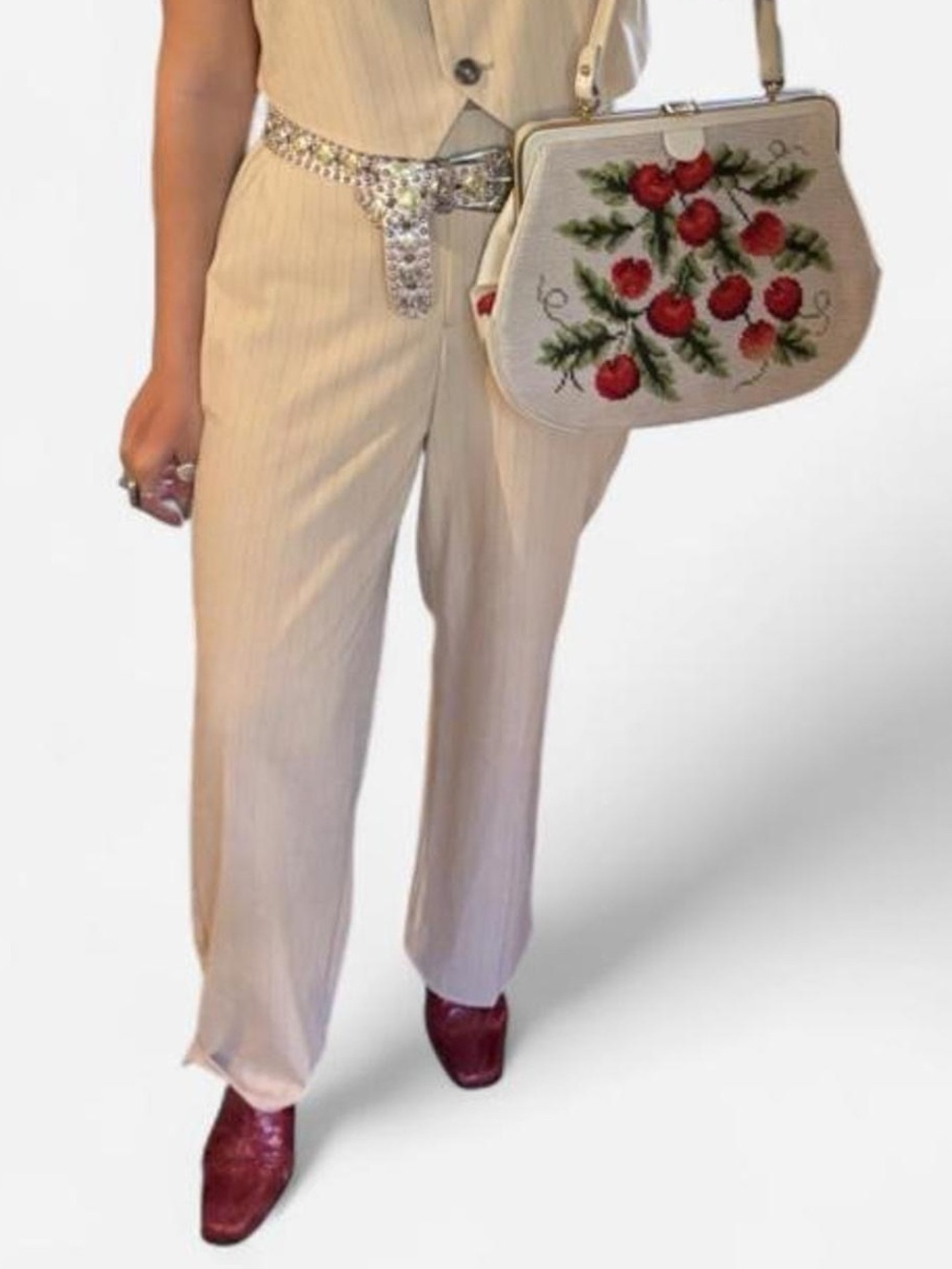 Vero Moda Tan and Red Pinstripe Pants with Elastic Waistband